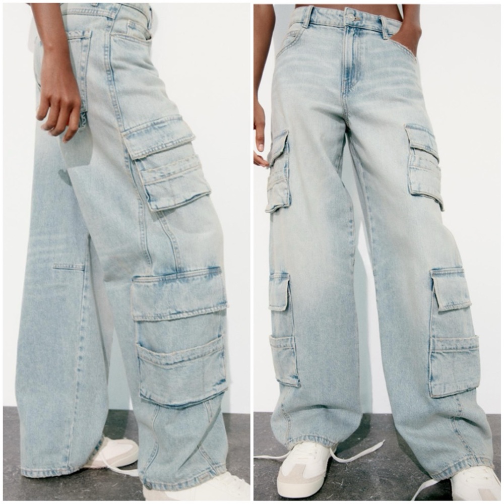 Zara Light Blue Wide-Leg Cargo Jeans
